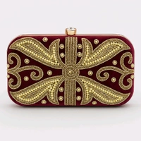 Velvet Bridal Clutch for Women | Maroon Embroidered Party Clutch Purse with Golden Chain | Wedding & Festive Handbag