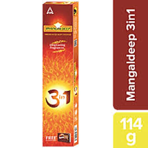 Mangaldeep 3 In -1Charcoal Free Incense Sticks With Long Lasting Fragrances, 114 g - (Get Free Match Box Inside)