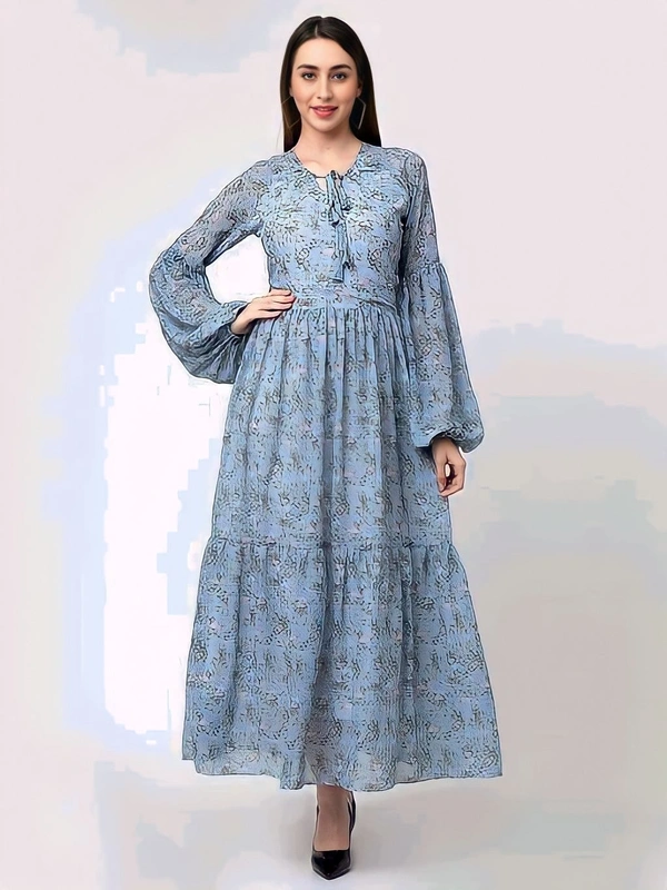 Georgette Baloon Neck Dress - Sky Blue, XXL, Free