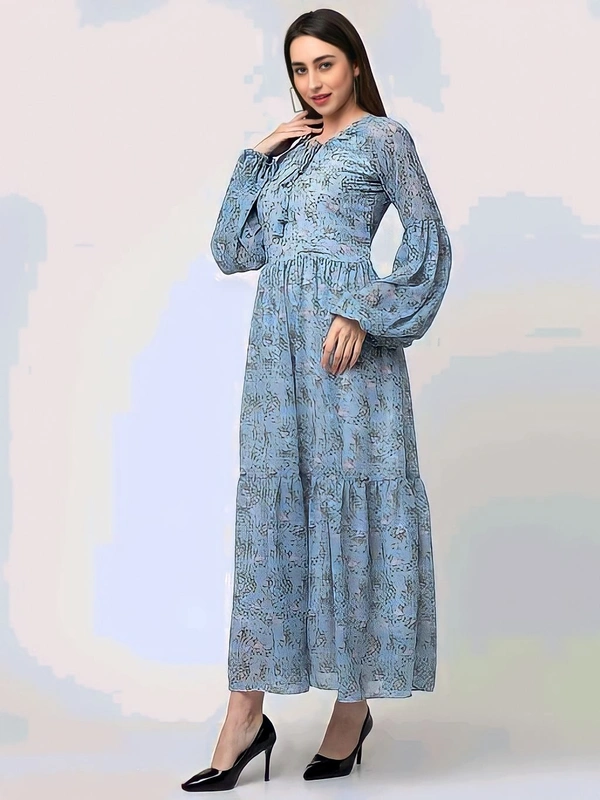 Georgette Baloon Neck Dress - Sky Blue, XXL, Free