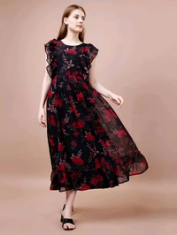 Floral Printed Dress - Black, L, Free