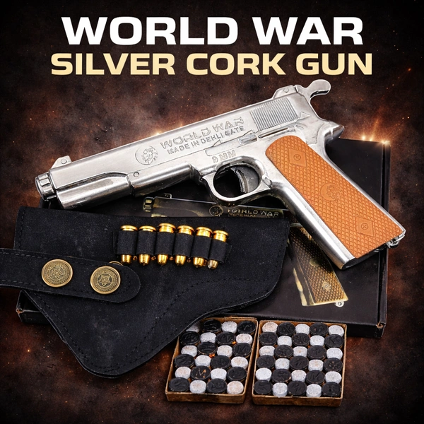 World War Silver Cork Gun Set with 60 Sound Corks, 6 Golden Dummy Bullets & Holster Cover – Realistic Toy Pistol for Kids