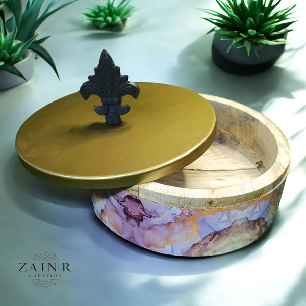 Sold By ZAIN R CREATION Kitchen Storage with the Stylish Storage Box, Roti Box - Dia.8'' H.2.5'', Enamel Coated, Wooden