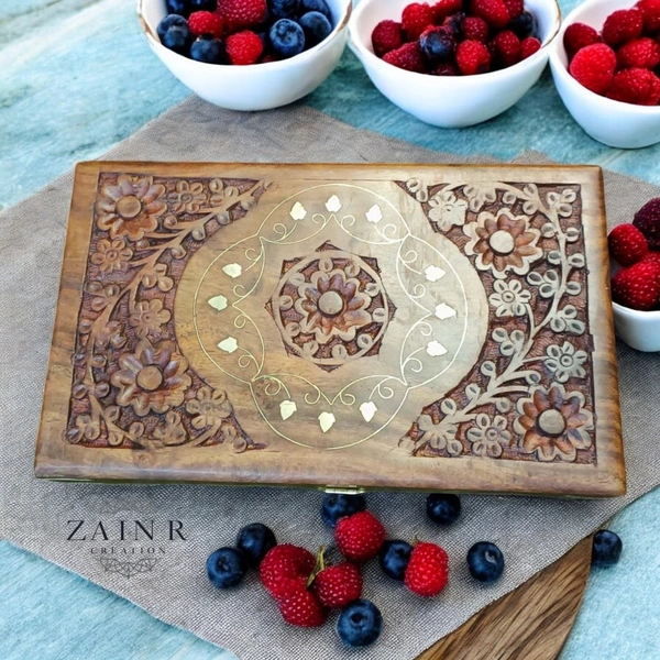 Sold By ZAIN R CREATION Jewellery Box Carving with Brass Inlay - L.10'' W.6'' H.2.5''