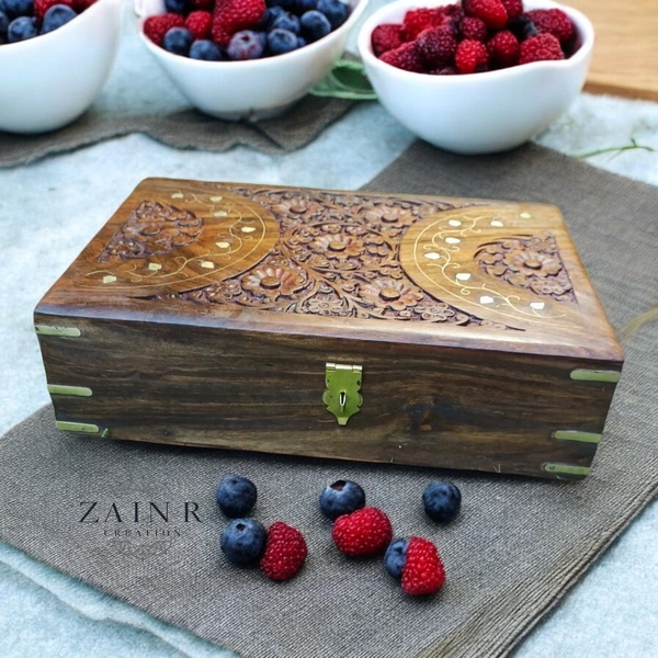 Sold By ZAIN R CREATION Jewellery Box Carving with Brass Inlay - L.12'' W.8'' H.3.5''