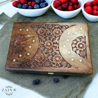 Sold By ZAIN R CREATION Jewellery Box Carving with Brass Inlay - L.12'' W.8'' H.3.5''