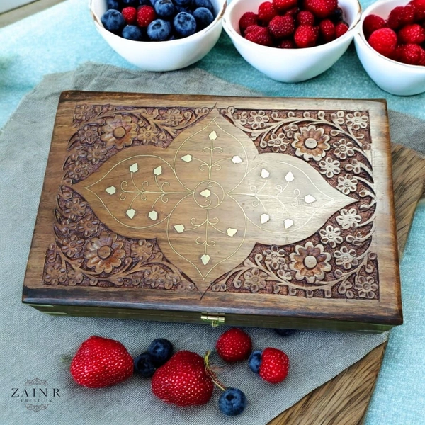 Sold By ZAIN R CREATION Jewellery Box Carving with Brass Inlay - L.12'' W.8'' H.3.5''