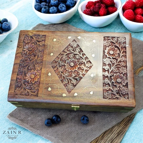Sold By ZAIN R CREATION Jewellery Box Carving with Brass Inlay - L.12'' W.8'' H.3.5''