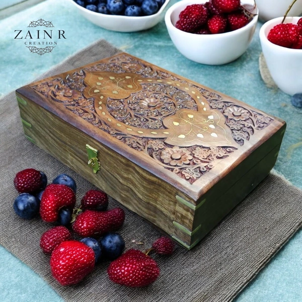 Sold By ZAIN R CREATION Jewellery Box Carving With Brass Inlay - L.12'' W.8'' H.3.5''