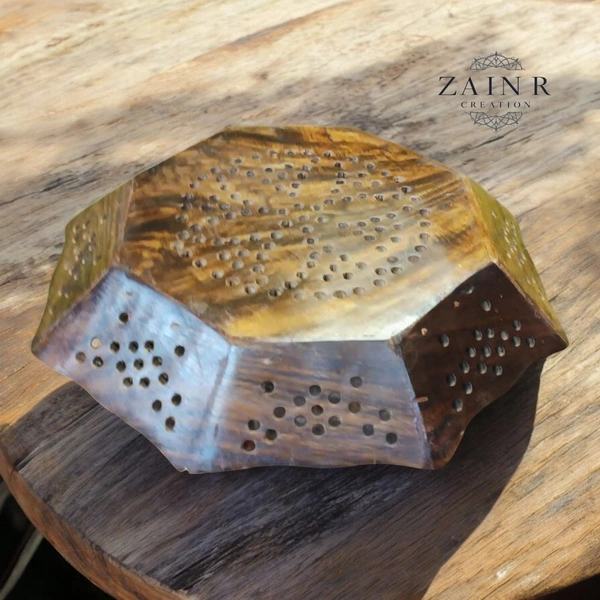 Sold By ZAIN R CREATION Tray Brass Inlay Hexagonal - Dia.9.5'' H.1.5'', Natural Polish, Wooden