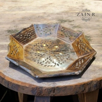 Sold By ZAIN R CREATION Tray Brass Inlay Hexagonal - Dia.9.5'' H.1.5'', Natural Polish, Wooden