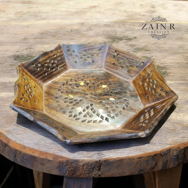 Sold By ZAIN R CREATION Tray Brass Inlay Hexagonal - Dia.9.5'' H.1.5'', Natural Polish, Wooden