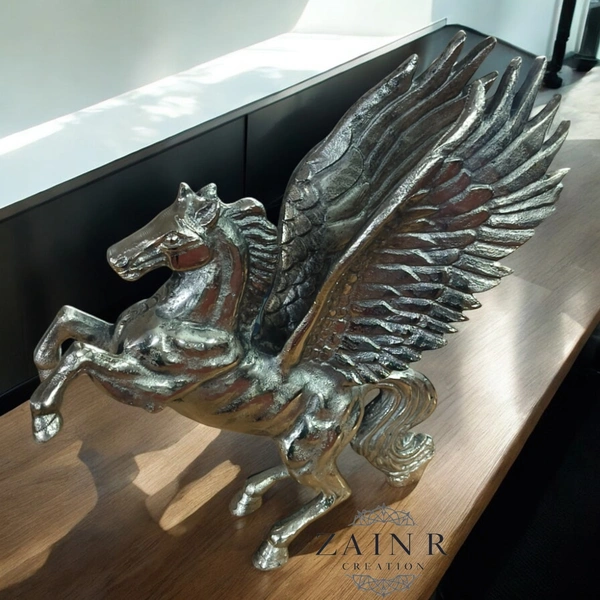 Sold By ZAIN R CREATION Decorative Flying Horse Angel Home Office Showpiece - H.12'' L.10'' W.3'', Nickel, Aluminium