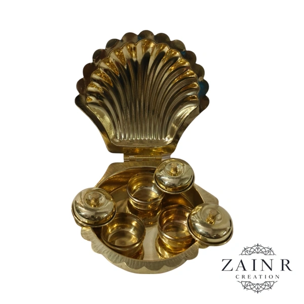 Sold By ZAIN R CREATION Shell Shaped Sindoor or Kumkum Pot with 3 Pots - W.4.72'' L.4.72'' H.1'', Polished, Brass