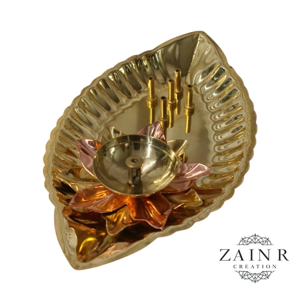 Sold By ZAIN R CREATION Plate with Diya and Incense Holder - L.6.88'' H.1.18'' W.4'', Polished, Brass