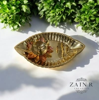 Sold By ZAIN R CREATION Plate with Diya and Incense Holder - L.6.88'' H.1.18'' W.4'', Polished, Brass