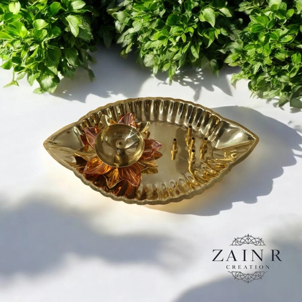 Sold By ZAIN R CREATION Plate with Diya and Incense Holder - L.6.88'' H.1.18'' W.4'', Polished, Brass