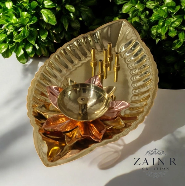 Sold By ZAIN R CREATION Plate with Diya and Incense Holder - L.6.88'' H.1.18'' W.4'', Polished, Brass
