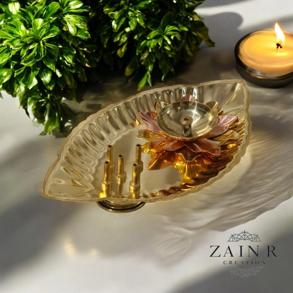 Sold By ZAIN R CREATION Plate with Diya and Incense Holder - L.6.88'' H.1.18'' W.4'', Polished, Brass