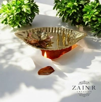 Sold By ZAIN R CREATION Plate with Diya and Incense Holder - L.6.88'' H.1.18'' W.4'', Polished, Brass