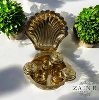 Sold By ZAIN R CREATION Shell Shaped Sindoor or Kumkum Pot with 3 Pots - W.4.72'' L.4.72'' H.1'', Polished, Brass