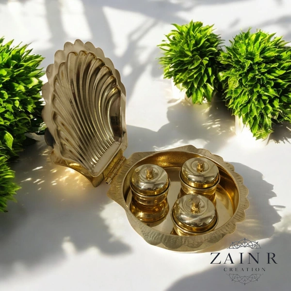 Sold By ZAIN R CREATION Shell Shaped Sindoor or Kumkum Pot with 3 Pots - W.4.72'' L.4.72'' H.1'', Polished, Brass