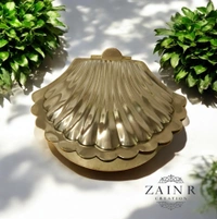 Sold By ZAIN R CREATION Shell Shaped Sindoor or Kumkum Pot with 3 Pots - W.4.72'' L.4.72'' H.1'', Polished, Brass