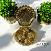 Sold By ZAIN R CREATION Shell Shaped Sindoor or Kumkum Pot with 3 Pots - W.4.72'' L.4.72'' H.1'', Polished, Brass