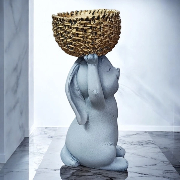 Sold By ZAIN R CREATION Rabbit with Basket - H.7.5'' L.3'' B.2'', Gray, Polyresin