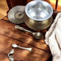 Sold By ZAIN R CREATION Ghee Pot with Spoon - H.8 cm Dia. 9 cm, Matt, Brass