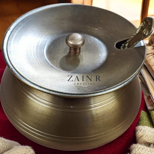 Sold By ZAIN R CREATION Ghee Pot with Spoon - H.8 cm Dia. 9 cm, Matt, Brass