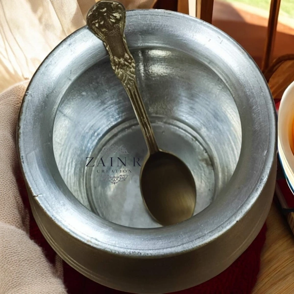Sold By ZAIN R CREATION Ghee Pot with Spoon - H.8 cm Dia. 9 cm, Matt, Brass