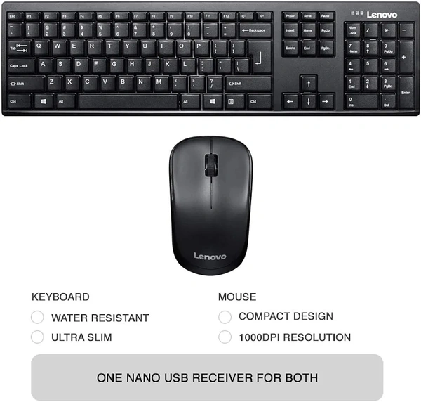 Lenovo Essential Wireless Combo - Wireless Keyboard and Mouse Set - Lenovo Service Center, Black, 1 Year