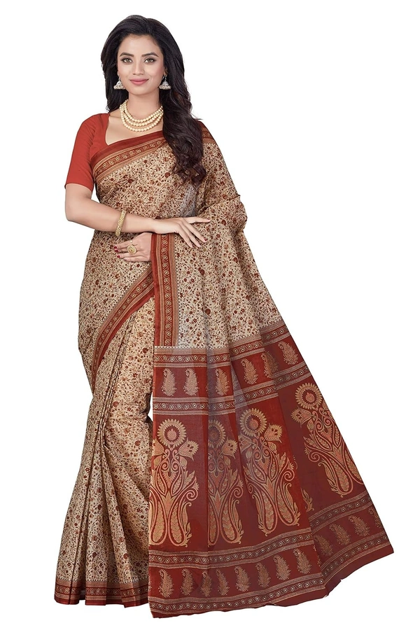 OURPLANET Women's Pure Cotton Printed Saree Without Blouse Piece - Beige-Maroon