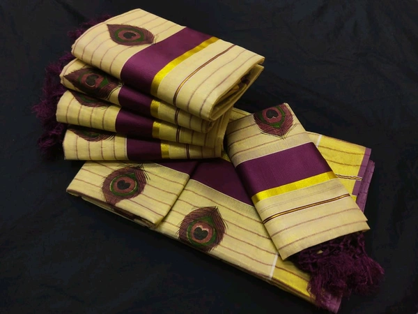 Golden Tissue Fancy Print Saree 6.25 mtr - Kerala Set Mundu- Onam Special