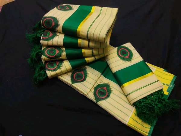 Golden Tissue Fancy Print Saree 6.25 mtr - Kerala Set Mundu- Onam Special