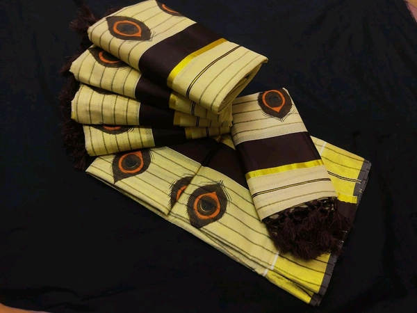 Golden Tissue Fancy Print Saree 6.25 mtr - Kerala Set Mundu- Onam Special