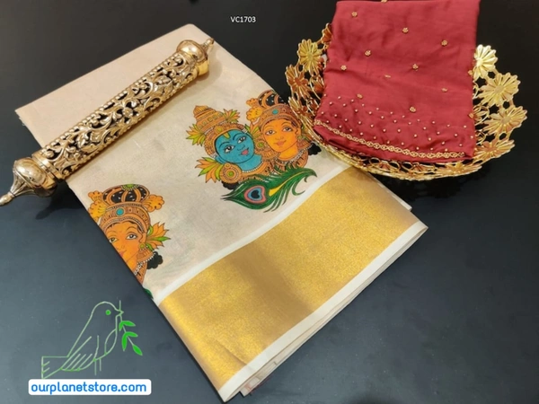 Kerala Tissue Mural Print Pattupavada,Material Only, Traditional Girls clothing | Kuthampully | OURPLANET - #008000