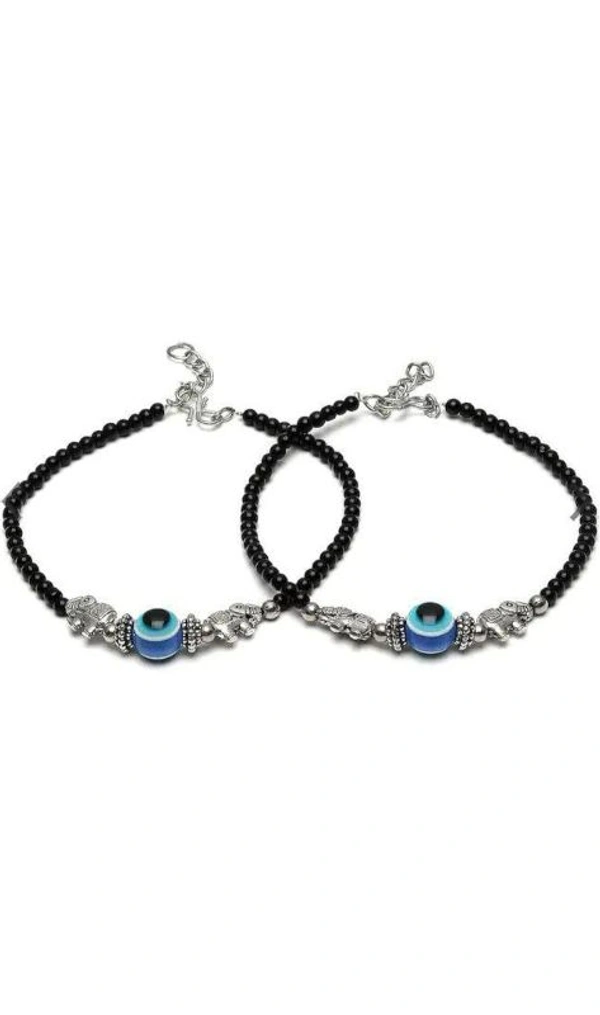 Women's Elephant Evil Eye Anklet with Oxidised Beads/Nazariya Anklet (Pair of 2)