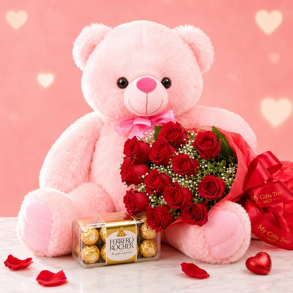 My Gifts Tree Pink Teddy With Red Roses