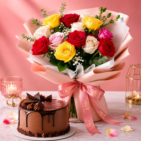 My Gifts Tree 12 Mix Roses N Chocolate Cake - 500 GM