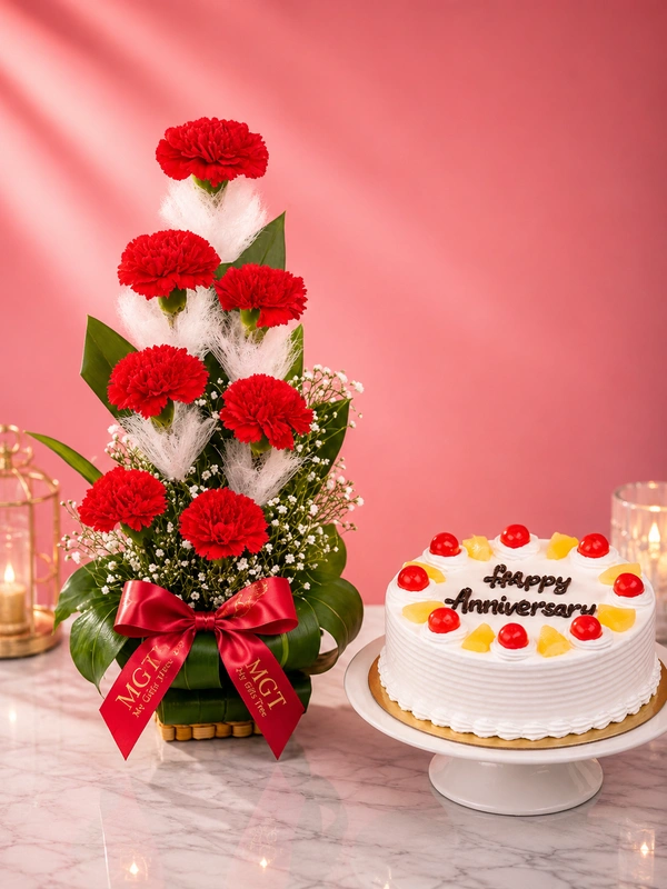 My Gifts Tree Anniversary Cake N Flowers Duo - 1.5 KG