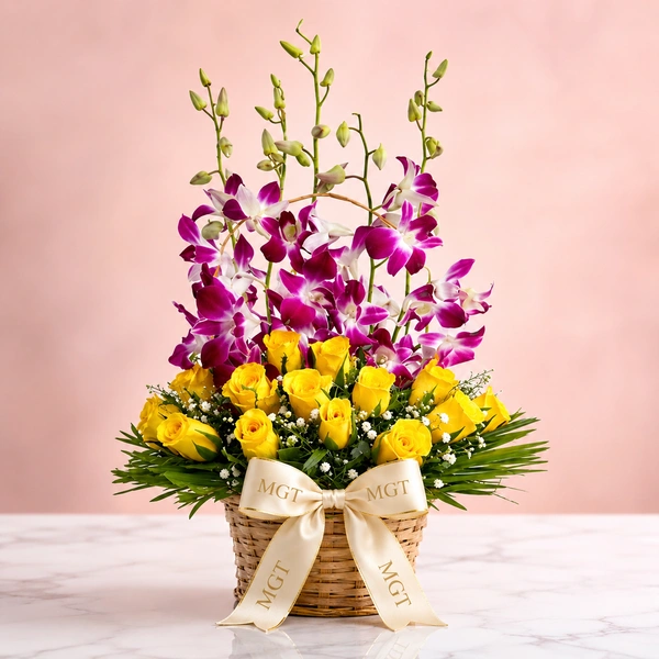 My Gifts Tree Basket Of yellow Roses With Orchid