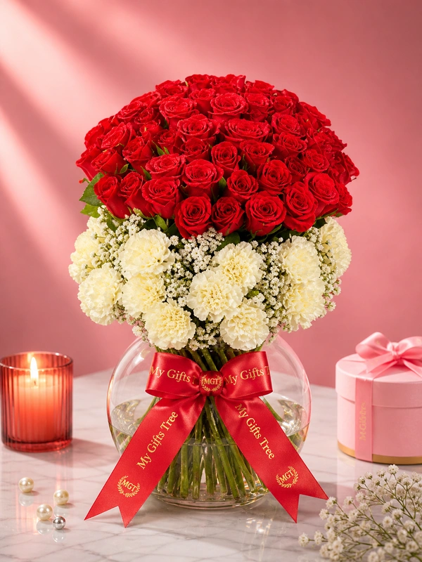 My Gifts Tree Red Roses N White Carnation In Vase Arrangement
