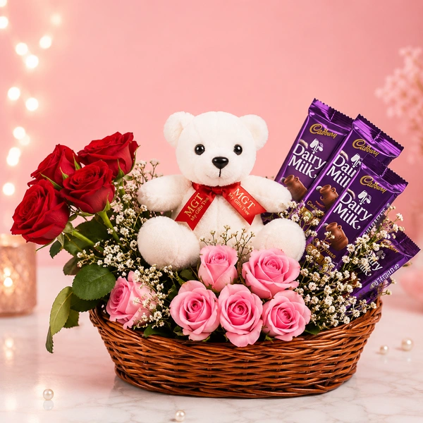 My Gifts Tree Basket Rose and Teddy arrangement