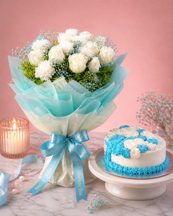 My Gifts Tree White Blooms Floral Cake Combo - 1 KG