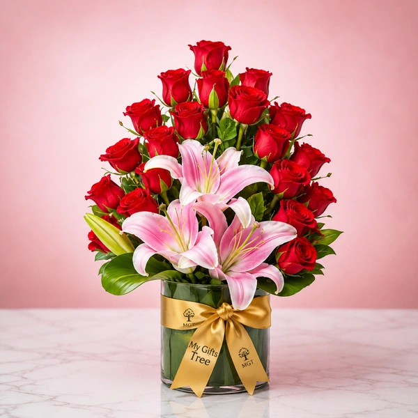 My Gifts Tree Royal Pink Lily & Red Rose Vase Arrangement
