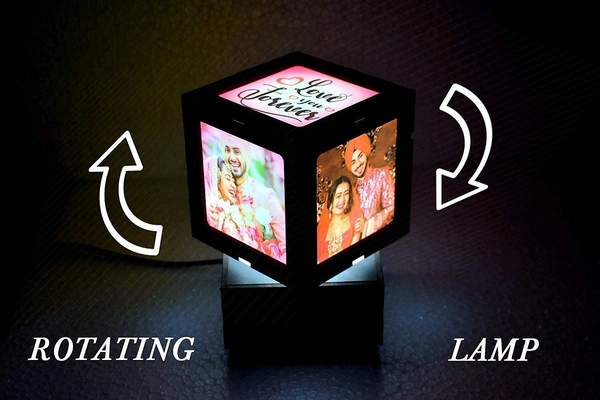 Personalized Wooden Black Art Deco LED Table Lamp Rotating Photo Cube 4x4 inch - 4*4