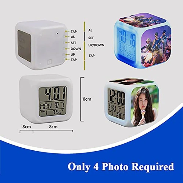 Personalized Photo LED Digital Alarm Clock � Custom 4-Photo Color-Changing Cube with Time, Date, Temp Display � Digital Alarm Clock for Kids Girls, Table Clock, Customized Gift