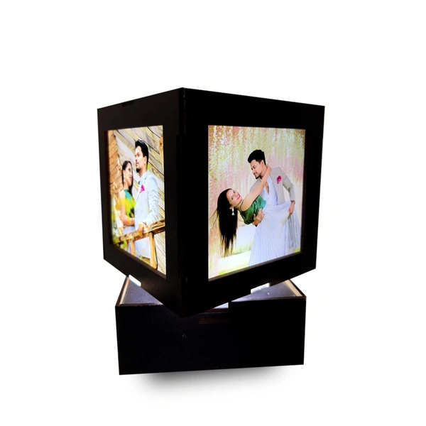 Personalized Wooden Black Art Deco LED Table Lamp Rotating Photo Cube 4x4 inch - 4*4